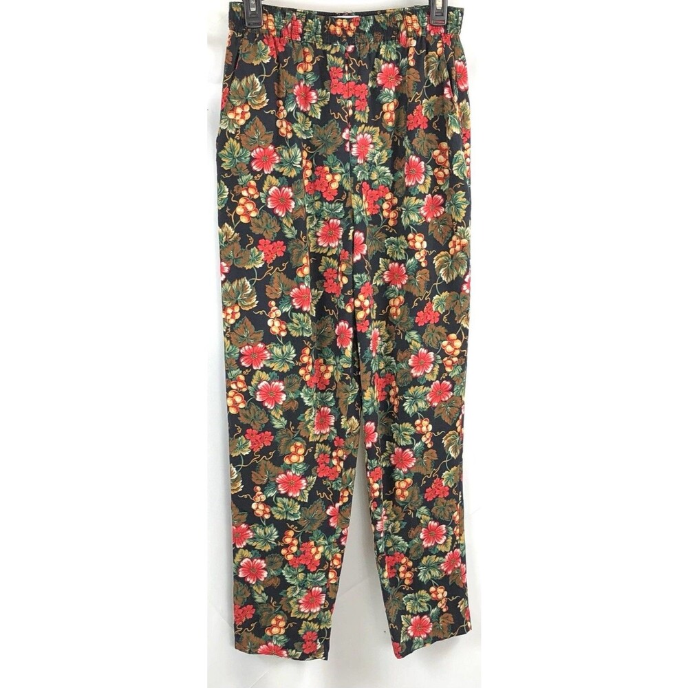Vintage 80s Cristin Stevens Harem Pants 27"W Blk Red Floral Tapered Pocket Retro